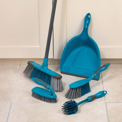 Beldray LA024152TQ Cleaning Bundle with Broom - Dustpan and Brush Set, Scrubbing & Dish Brushes, Long Handled Indoor Floor Sweeping, Washing up Brushes, Bathroom/Tile/Grout Cleaner, Soft Grip, Blue