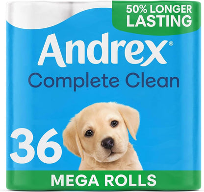 Andrex Complete Clean Toilet Tissue; 12 Mega Rolls, 50% Longer Lasting Toilet Paper with Unique 3D Wave Texture for a Proven, Effective Clean FSC Certified