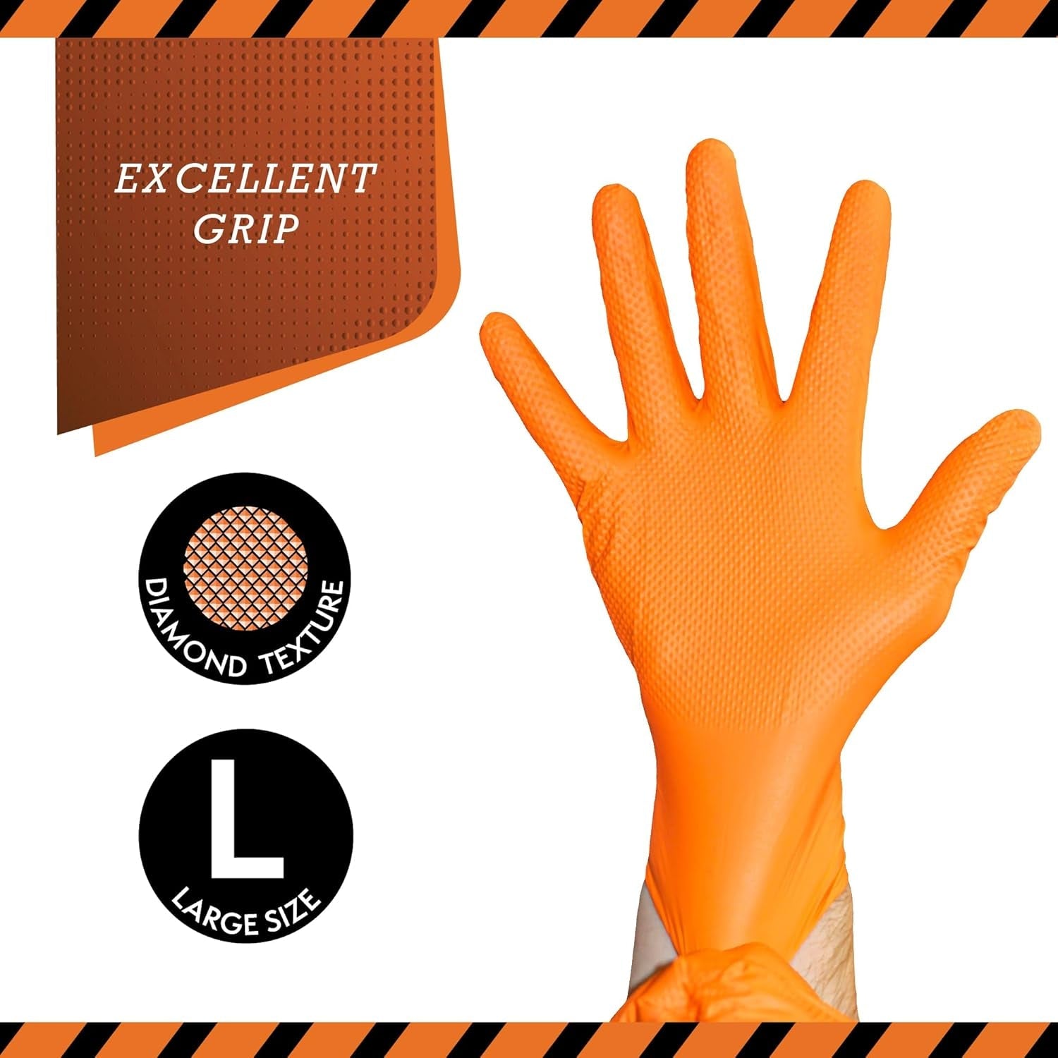 JFA Medical Disposable Heavy Duty Mechanic Powder Free Latex Free Orange Diamond Grip Nitrile Gloves - Box of 50 (Large)