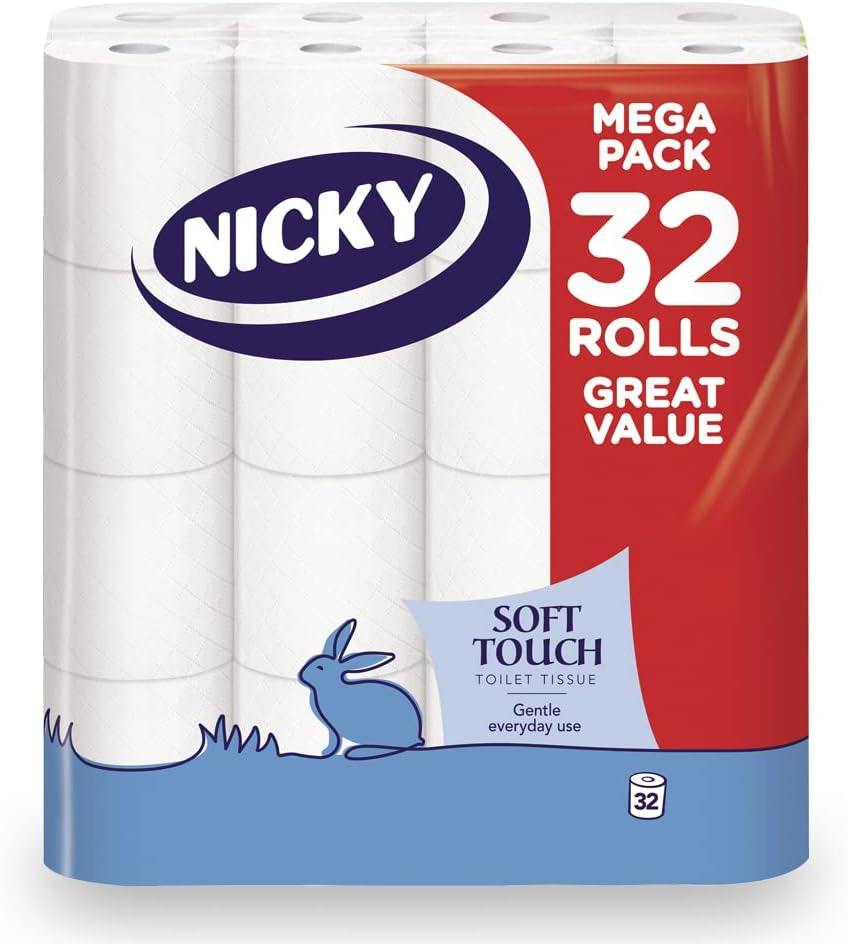 Nicky Soft Touch Toilet Tissue |Extra Value Pack – 32 Rolls of Extra Gentle White Toilet Paper |190 Sheets per Roll| 2-Ply | Soft Tissue | Modern Embossing |Easy Opening | 100% FSC Certified Paper