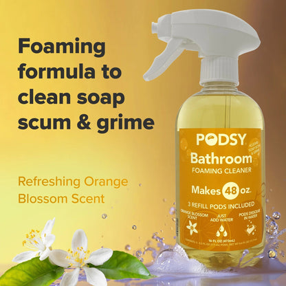 Podsy Bathroom Cleaning Set, Orange Blossom Scent, 16 Fl Oz Bottle and 3 Refill Pods Make 48Oz, Just Add Water