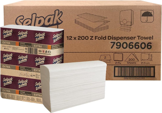 Selpak Professional Z Fold Paper Towels, 2Ply Paper Hand Towels Disposable 12X200, (Total 2400), Absorbent White Paper Towel Ideal for Individuals/Businesses, Paper Hand Towels for Dispenser