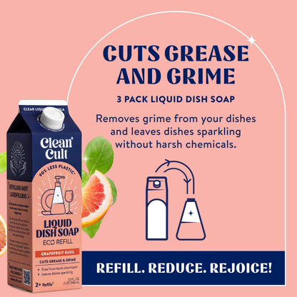 Cleancult Dish Soap Refill, Nature-Inspired Ingredients, Grapefruit Basil, 3 Pack, 32 Oz