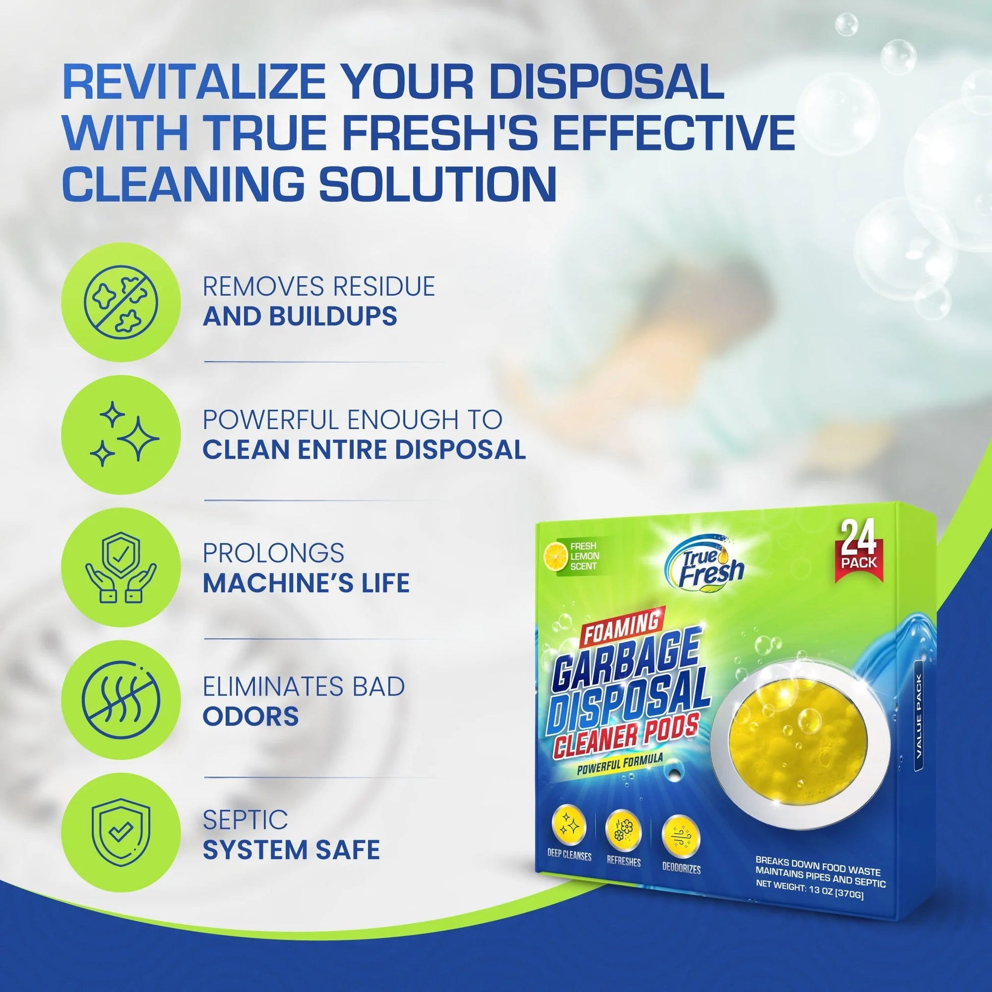 True Fresh Garbage Disposal Cleaner Pods 24 Pack, Lemon-Scented Foaming Sink Drain Cleaner & Deodorizer for Garbage Disposals