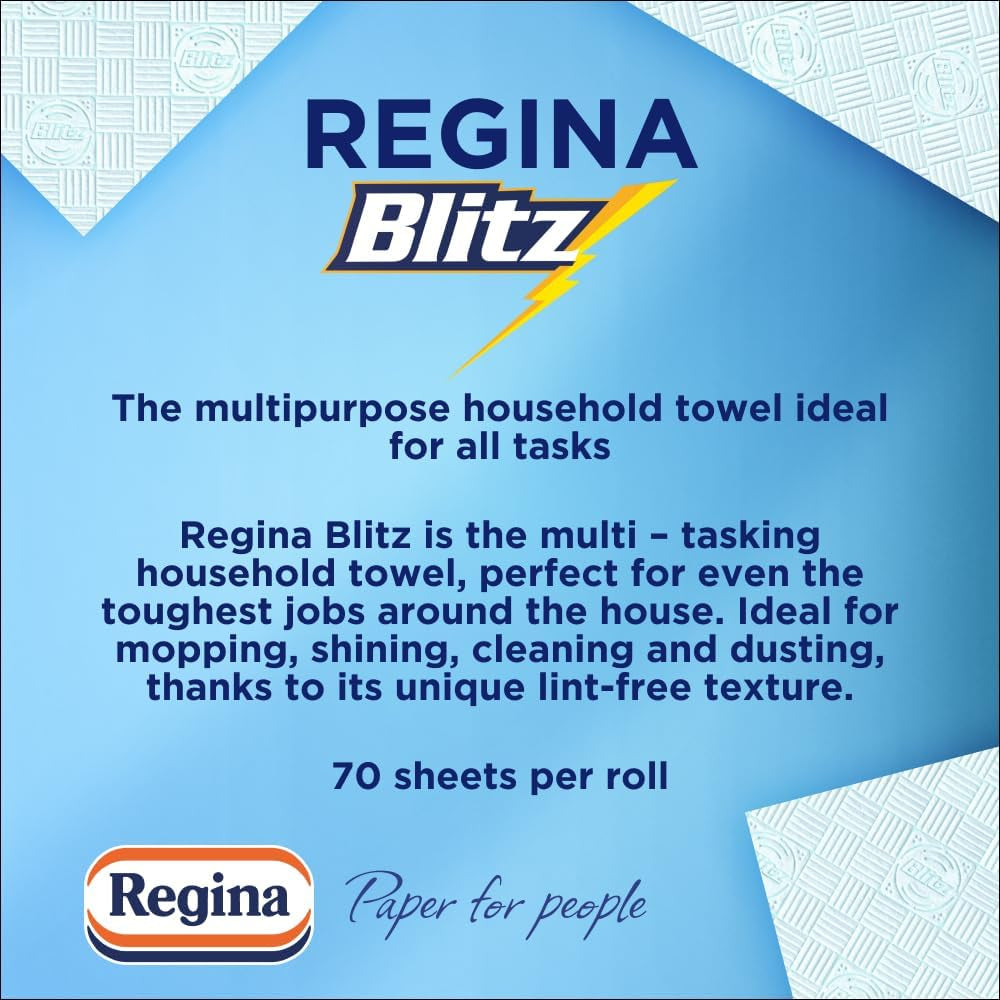 Regina Blitz Household Towels – 12 Rolls per Pack, 3-Ply Kitchen Roll, 70 Sheets per Roll, Paper Packaging, FSC Certified Paper, Recyclable Packaging, 60% Larger than Standard Kitchen Roll Sheets