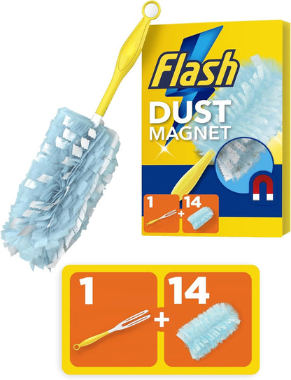 Flash Duster Dust Magnet Starter Kit, Dusters, 1 Handle + 14 Refills, Trap and Lock Away Dust, Dirt and Hair in No Time, Flash Dust Magnet Refill