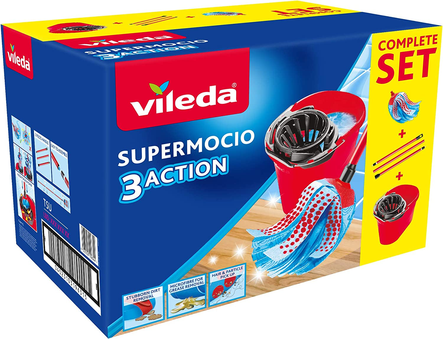 Vileda Supermocio XL Action Mop and Bucket Set, Red/Grey/Blue, 6 X 15 X 117 Cm