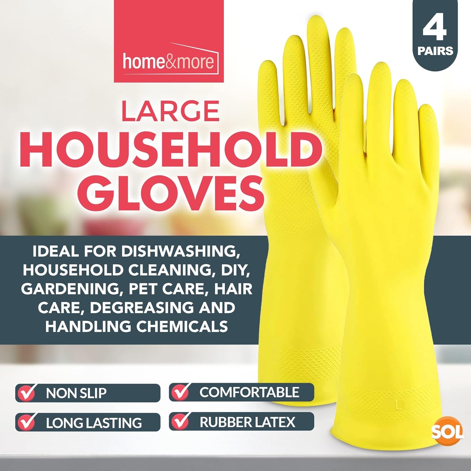 SOL 4 Pairs Large Household Gloves, Yellow Heavy Duty Rubber Gloves for Cleaning with Non-Slip Grip, Durable Waterproof Design for Kitchen, Bathroom & Dishwashing, Multipurpose & Comfortable to Use