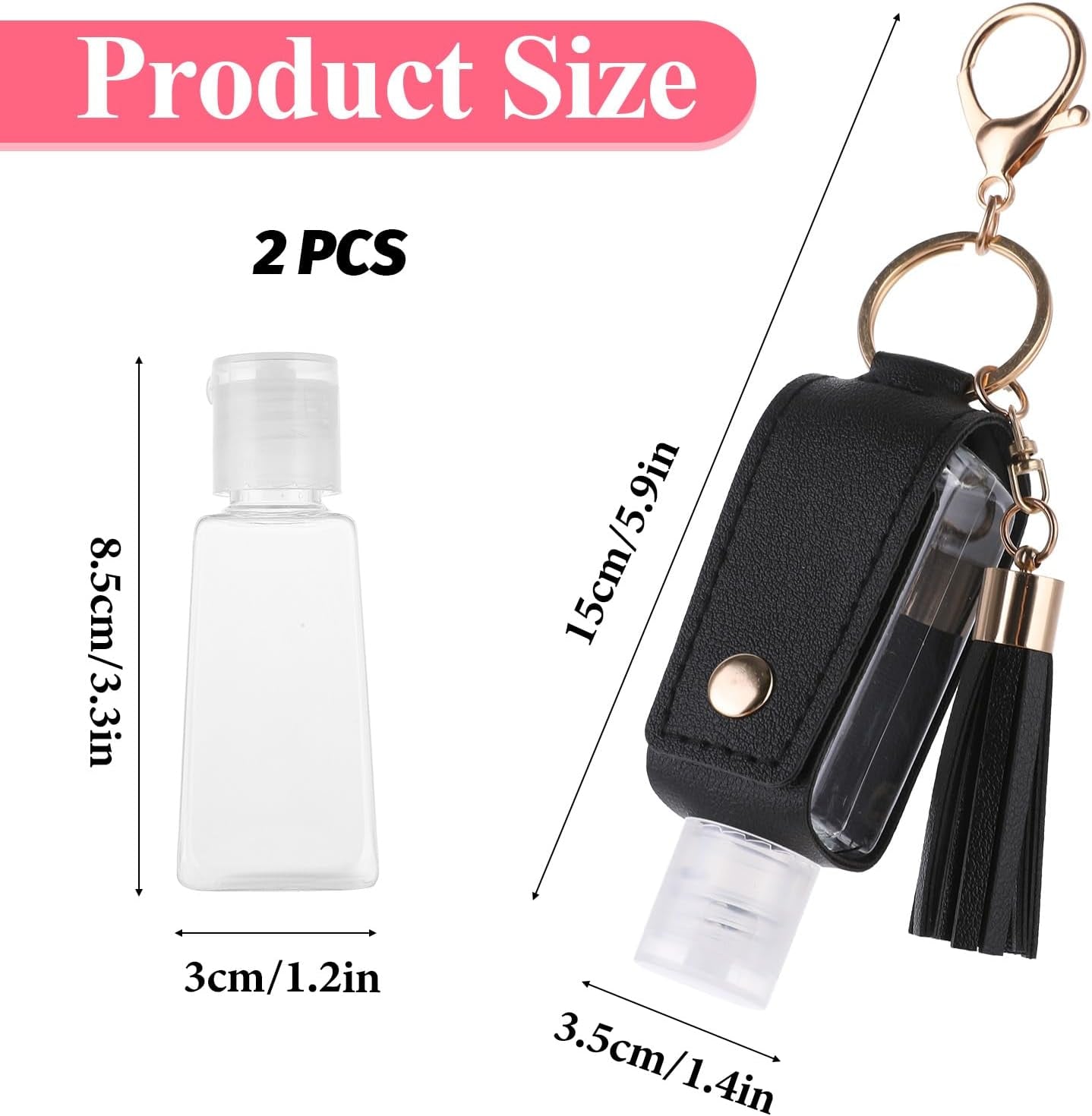 Molain 2 Pcs Hand Sanitizer Keychain 30Ml Portable Leather Hand Sanitiser Holder Leakproof Empty Bottles Hand Sanitiser Travel Holder Bottle Refillable for Lotion Liquid Soap Shampoo(Pink,Black)