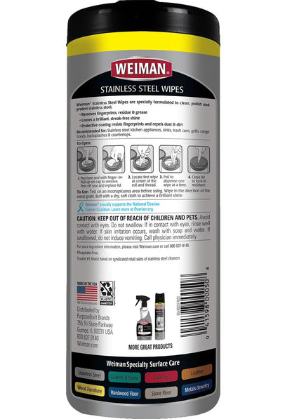 Weiman Stainless Steel Appliance Cleaning Wipes, Streak-Free Shine, 30 Count