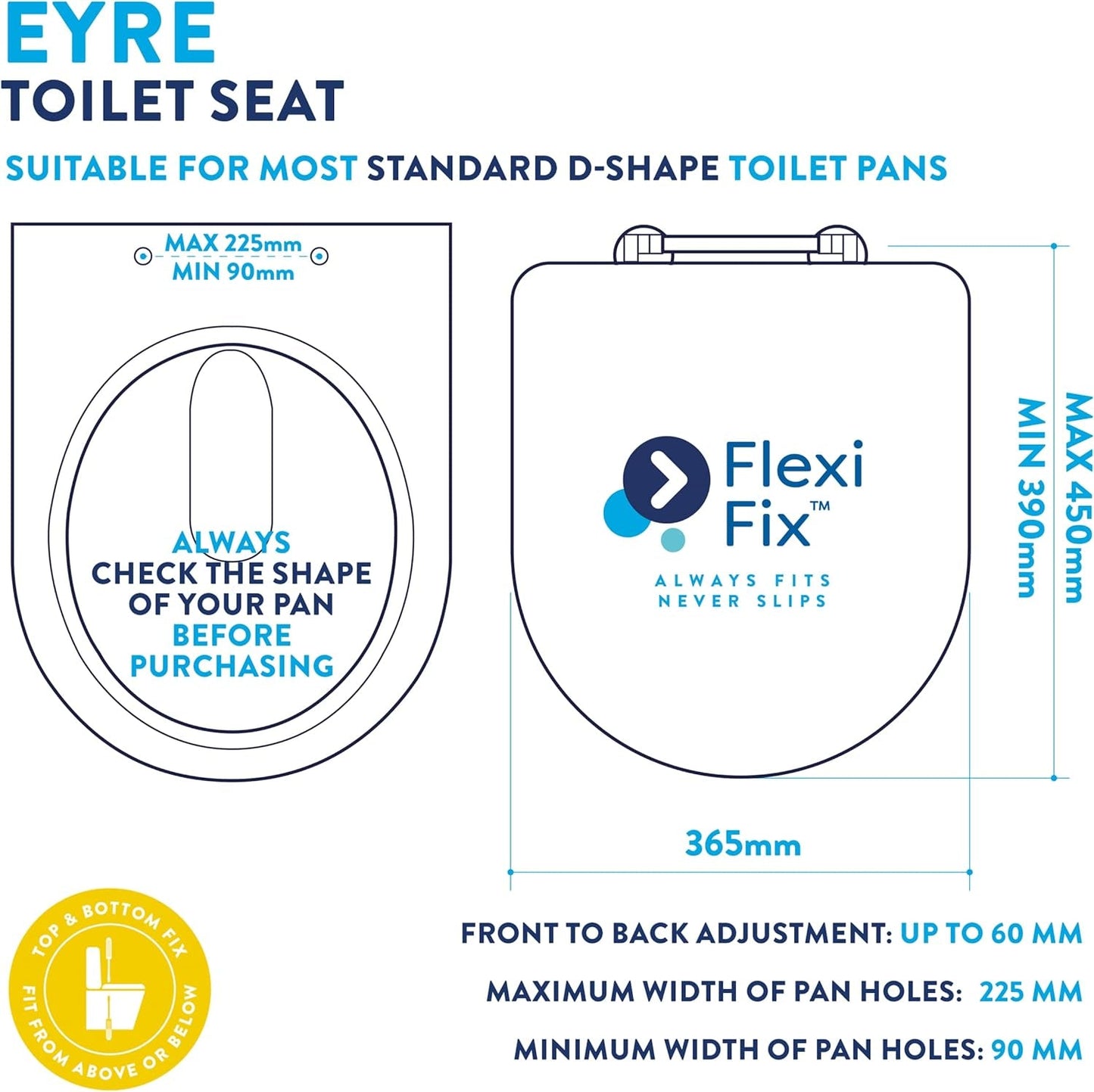 Croydex Eyre Soft Close Toilet Seat D Shape with One Button Quick Release and anti Bacterial Thermoset Plastic, Flexi-Fix V Plate Universal Hinges, Top or Bottom Fix Rust Free Hinge Fittings