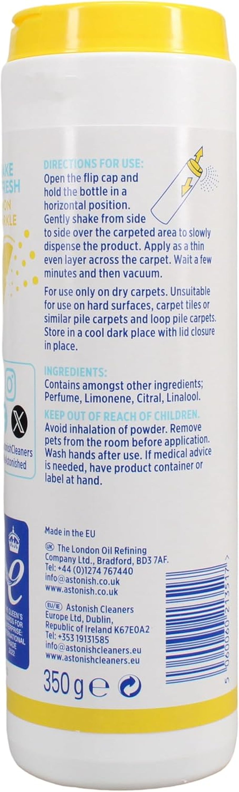 Astonish Shake & Fresh Carpet Freshener, Eliminates Odours, Lemon Sparkle, 350G