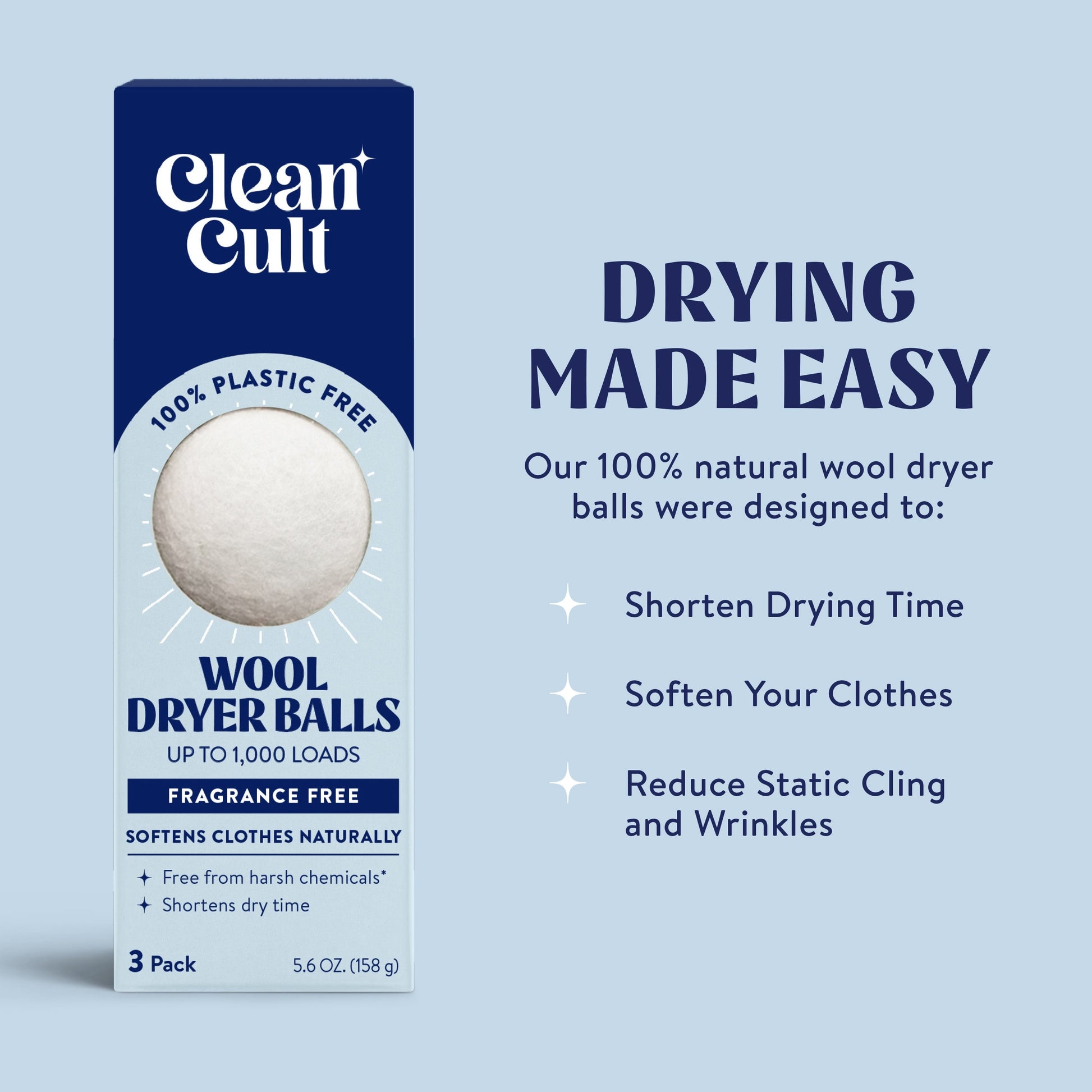 Cleancult Dryer Balls Reusable, 100% New Zealand Wool, Hypoallergenic, Unscented, 3 Pack