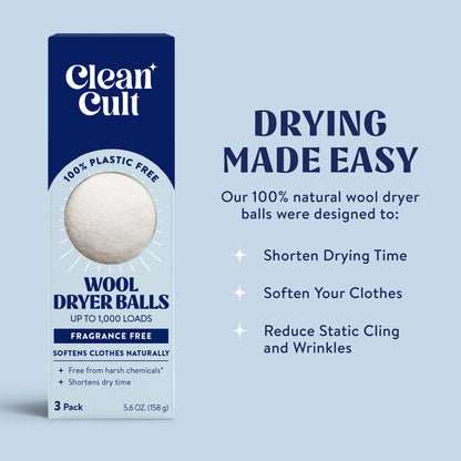 Cleancult Dryer Balls Reusable, 100% New Zealand Wool, Hypoallergenic, Unscented, 3 Pack