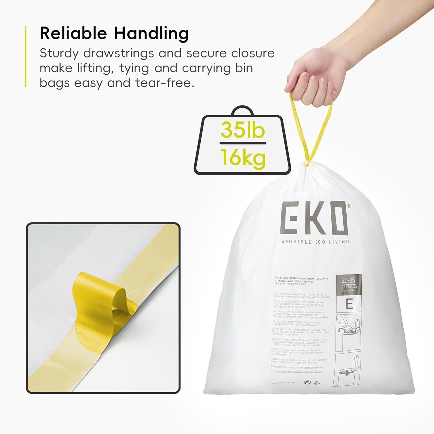 EKO Size E Bin Liners for Kitchen Bins - 25 - 35 Litre Capacity - Extra Strong Bags with Drawstring Tie Handles - 12 Bags, White