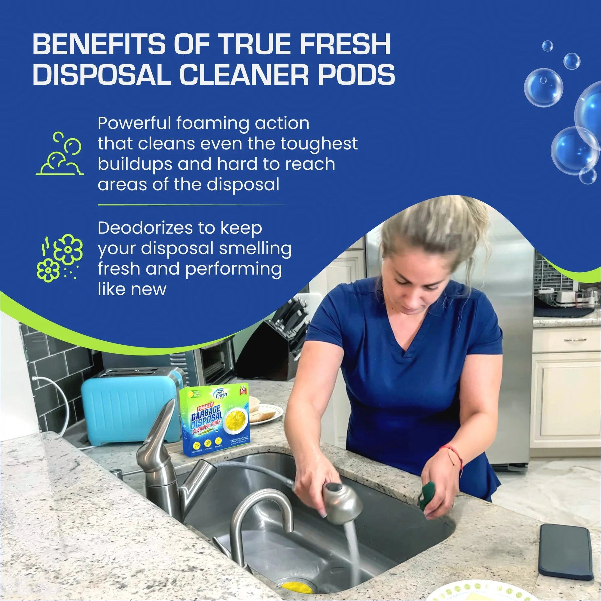 True Fresh Garbage Disposal Cleaner Pods 24 Pack, Lemon-Scented Foaming Sink Drain Cleaner & Deodorizer for Garbage Disposals