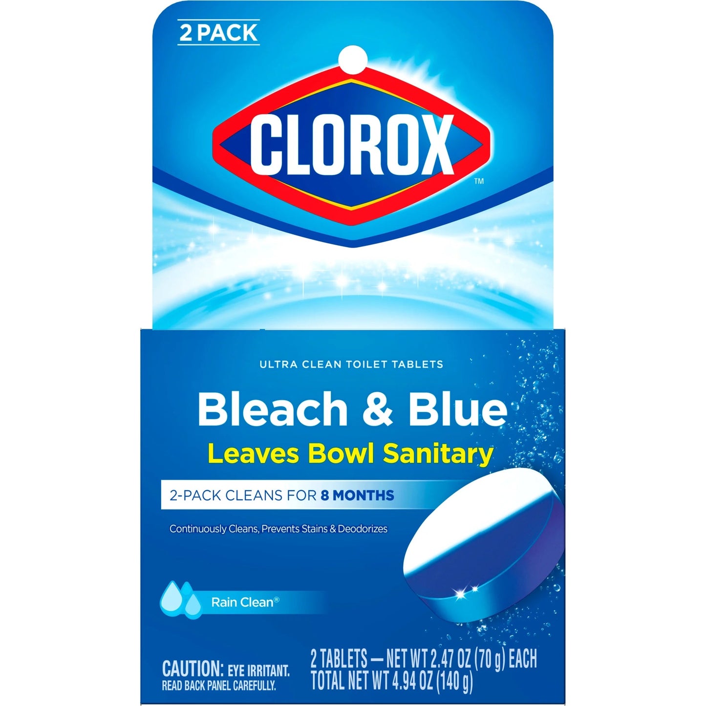 Clorox Bleach and Blue Toilet Bowl Cleaner Tablets, Rain Clean, 2 Count