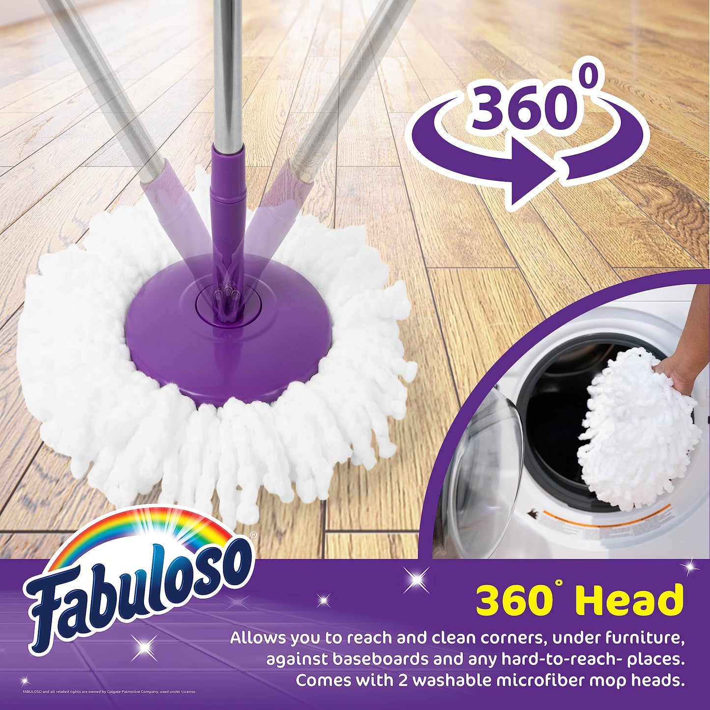 Fabuloso Spin Mop & Bucket with Hands-Free Wringing, Adjustable Mop Pole & Machine Washable Microfiber Head - Purple