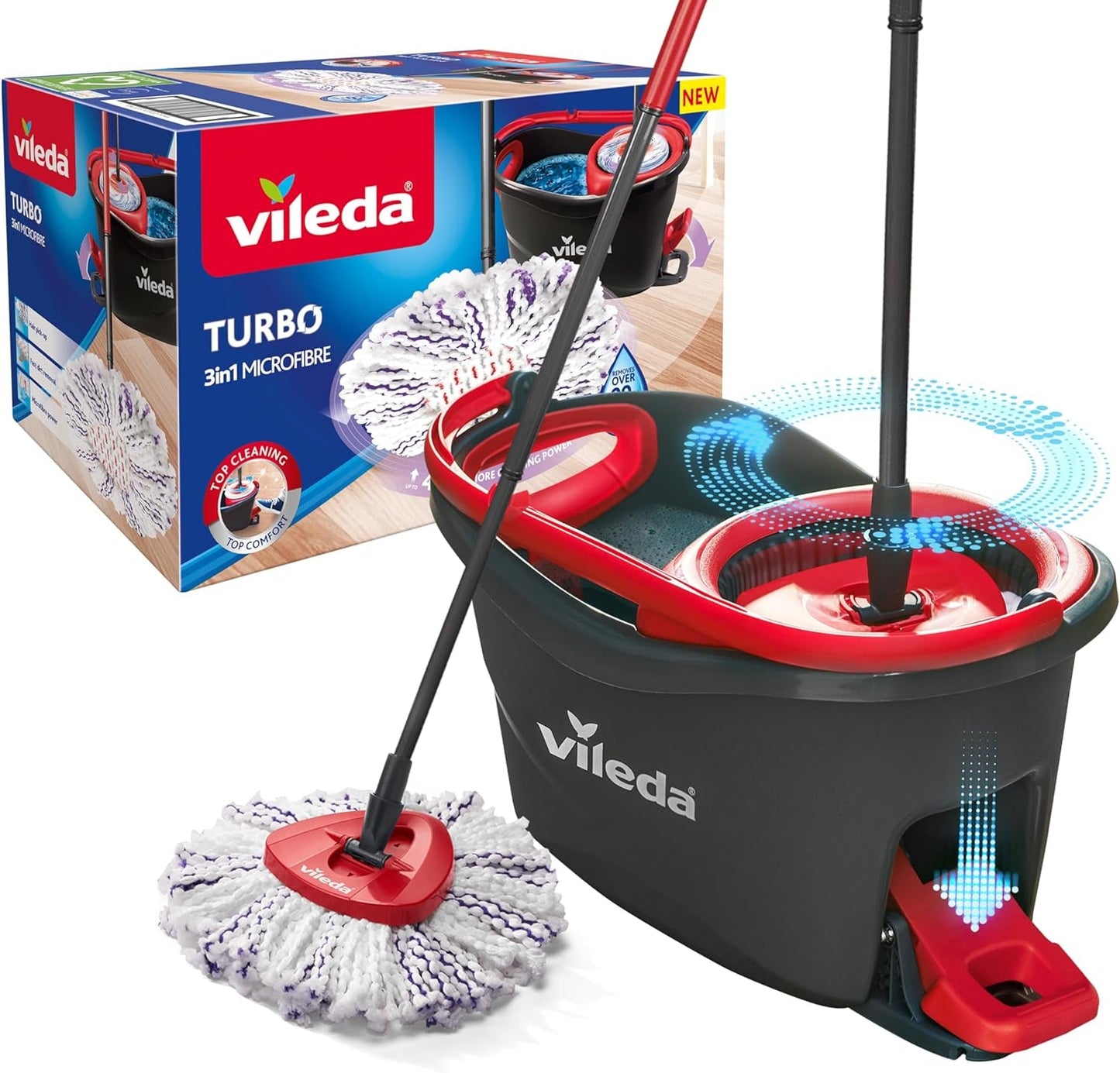 Vileda Turbo Microfibre Mop and Bucket Set with Extra 2-In-1 Head Replacement, Spin Mop for Cleaning Floors, Set of 1X Mop, 1X Bucket and 1X Refill