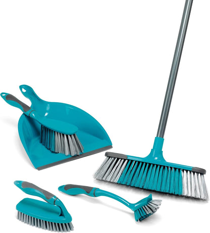 Beldray LA024152TQ Cleaning Bundle with Broom - Dustpan and Brush Set, Scrubbing & Dish Brushes, Long Handled Indoor Floor Sweeping, Washing up Brushes, Bathroom/Tile/Grout Cleaner, Soft Grip, Blue