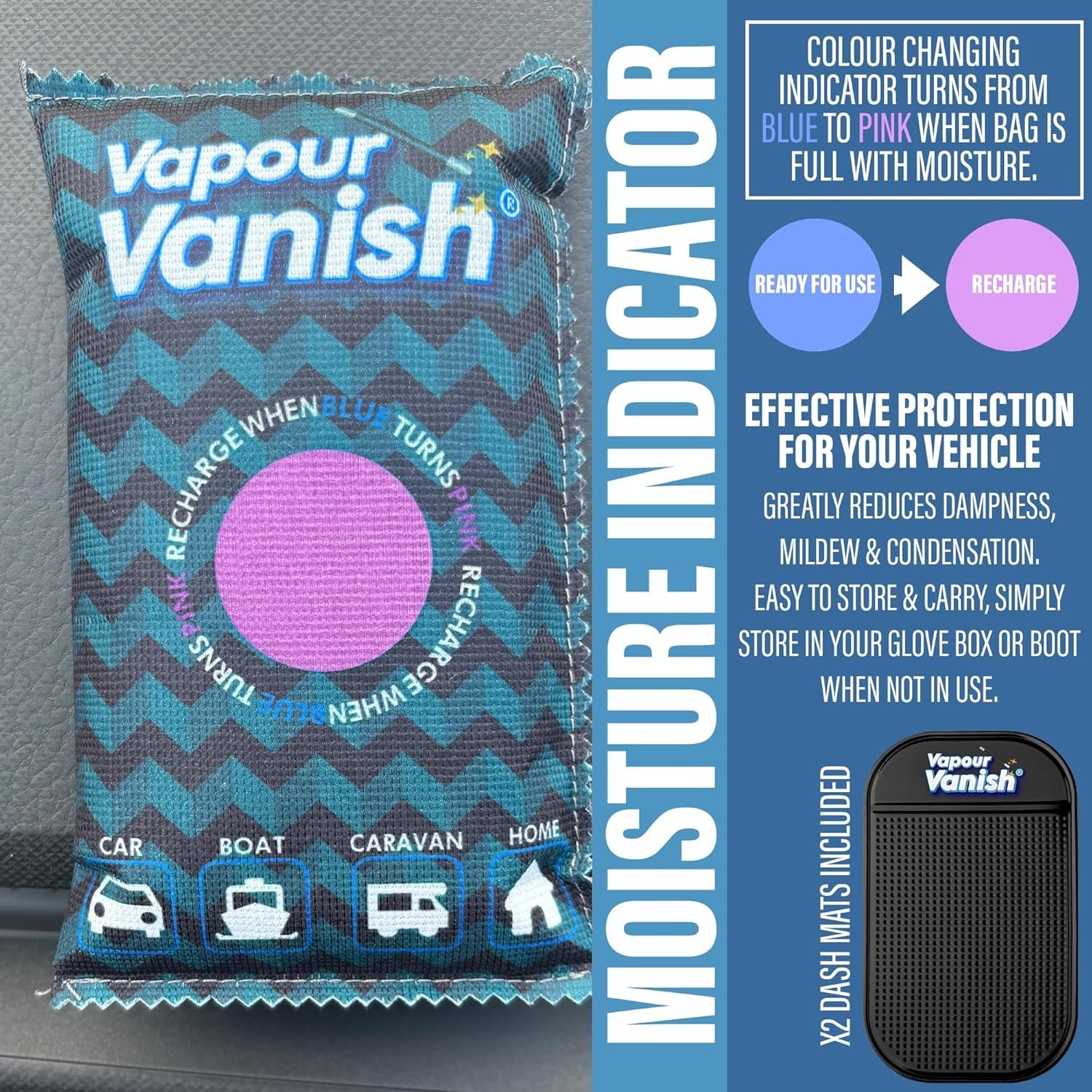 Vapourvanish Reusable Dehumidifier Bags - Car Dehumidifier Moisture Absorber with Dashboard Anti-Slip Mats, Rechargeable Silica Gel Interior Dehumidifiers, Eliminates Foggy Windscreen - Home Wardrobe