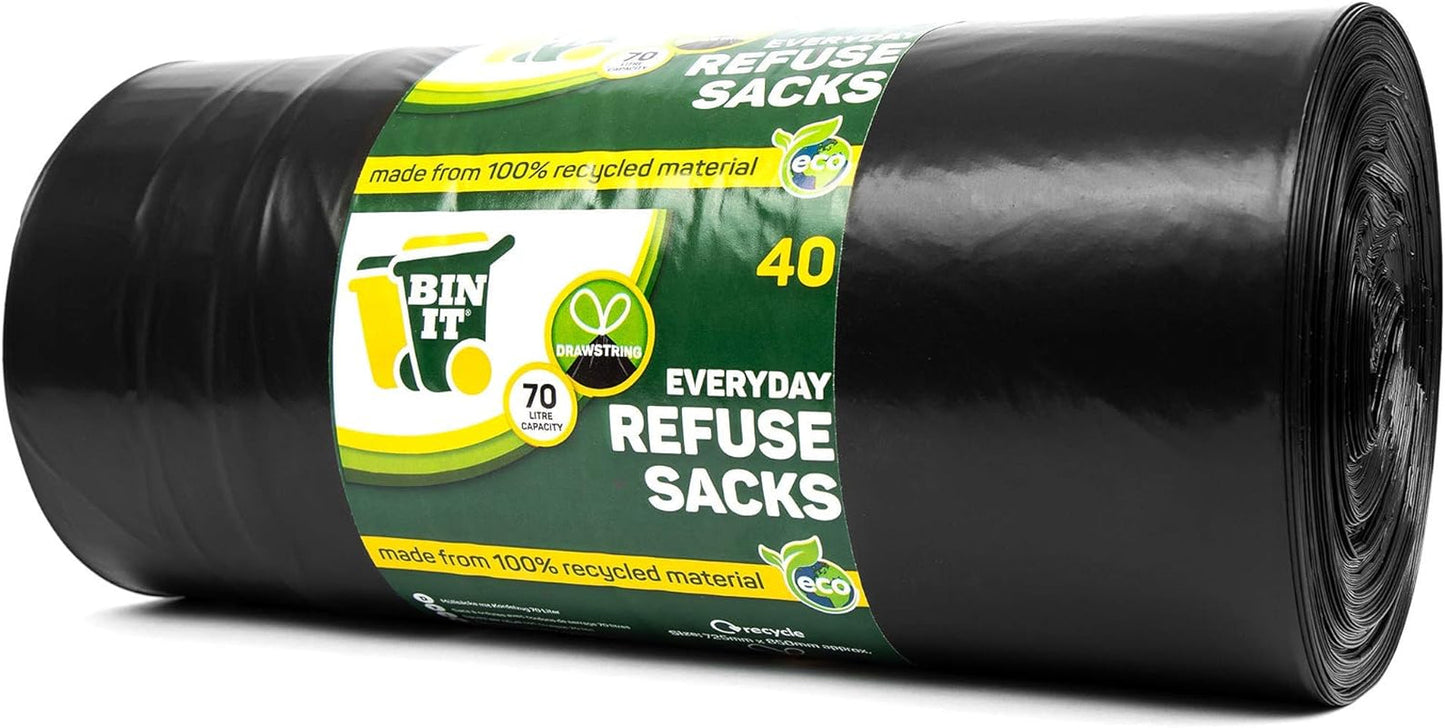 BIN IT 40 Drawstring, Everyday Refuse Sacks, Bin Bags, Bin Liners, 70 Litre, Recycled, Strong, Tear Resistant, 30 Μm, Perfect for Everyday Use, Household, Office, Kitchen & Caterers