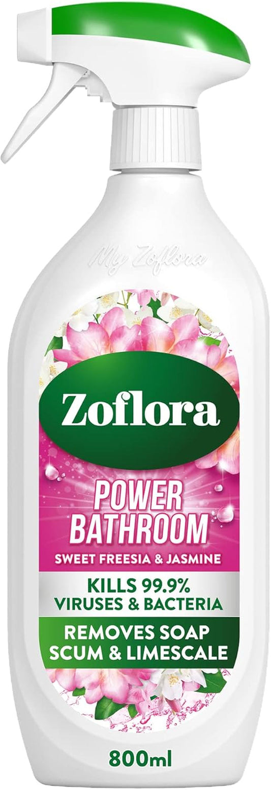 Zoflora Sweet Freesia & Jasmine Power Bathroom Cleaner, Removes Soap Scum, Limescale Remover & Prevention, Antibacterial Multi-Surface Bathroom Spray, Kills 99.9% of Bacteria & Viruses, 1 X 800 Ml