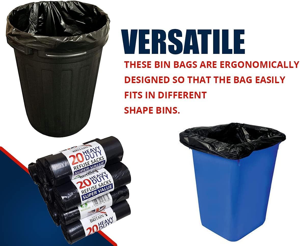 200 Heavy Duty Black Bin Liners Refuse Sacks Bin Bag Rolls - Made in Britain