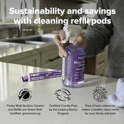 Podsy Multi-Surface Cleaning Set, 16 Fl Oz Bottle and 3 Refill Pods Make 48Oz, Just Add Water, Lavender Bloom Scent