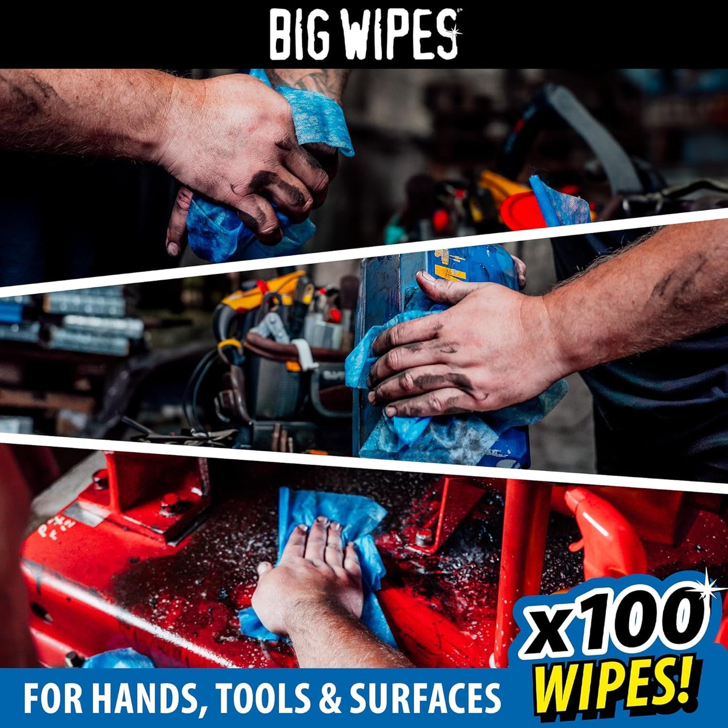 Big Wipes Heavy Duty Pro+ Wipes in Dispenser Tub (X100) Textured Dual-Sided Hand Wipes with Skincare Cleans Hands, Tools & Surfaces. Heavy Duty Wipes & Industrial Cleaning Products for Tradespeople