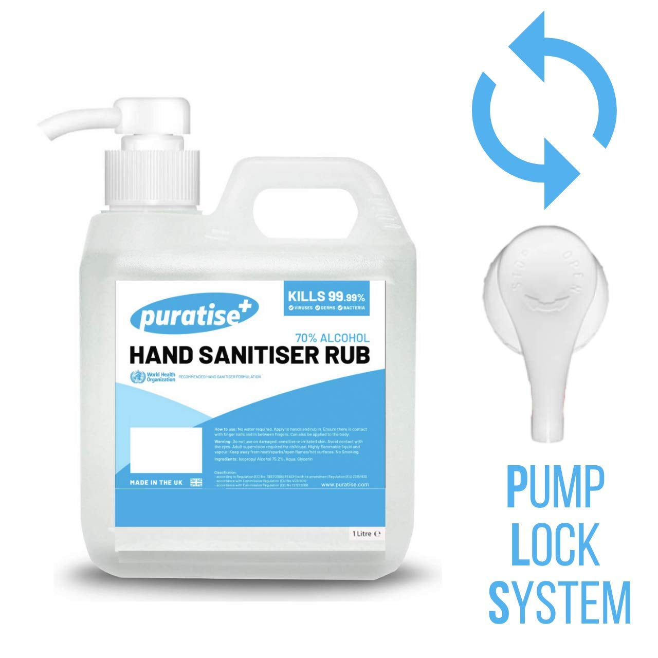 Hand Sanitiser PURATISE 1L Hand Sanitiser Alcohol Liquid RUB with Pump - 70% Hand Sanitizer Kills 99.99% of Germs & Bacteria - X1 MADE in the UK