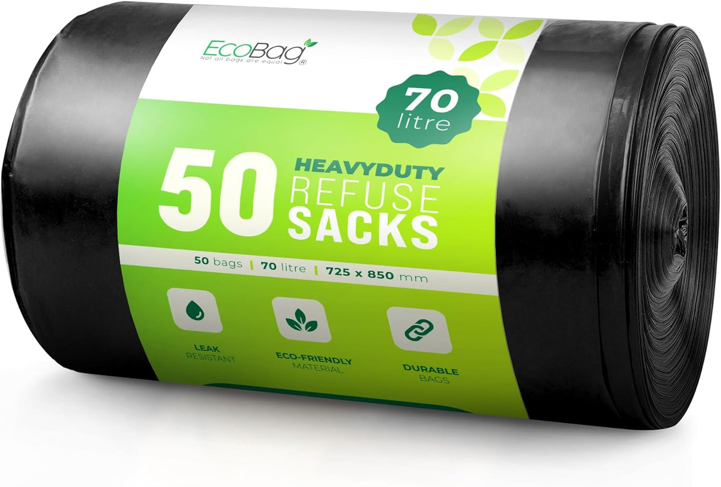 Ecobag - 50 Pack Extra Strong Heavy Duty Refuse Sacks - Recyclable Bin Bags, Leak Resistant, Eco-Friendly, Durable Waste Disposal Bags for Household & Commercial Use