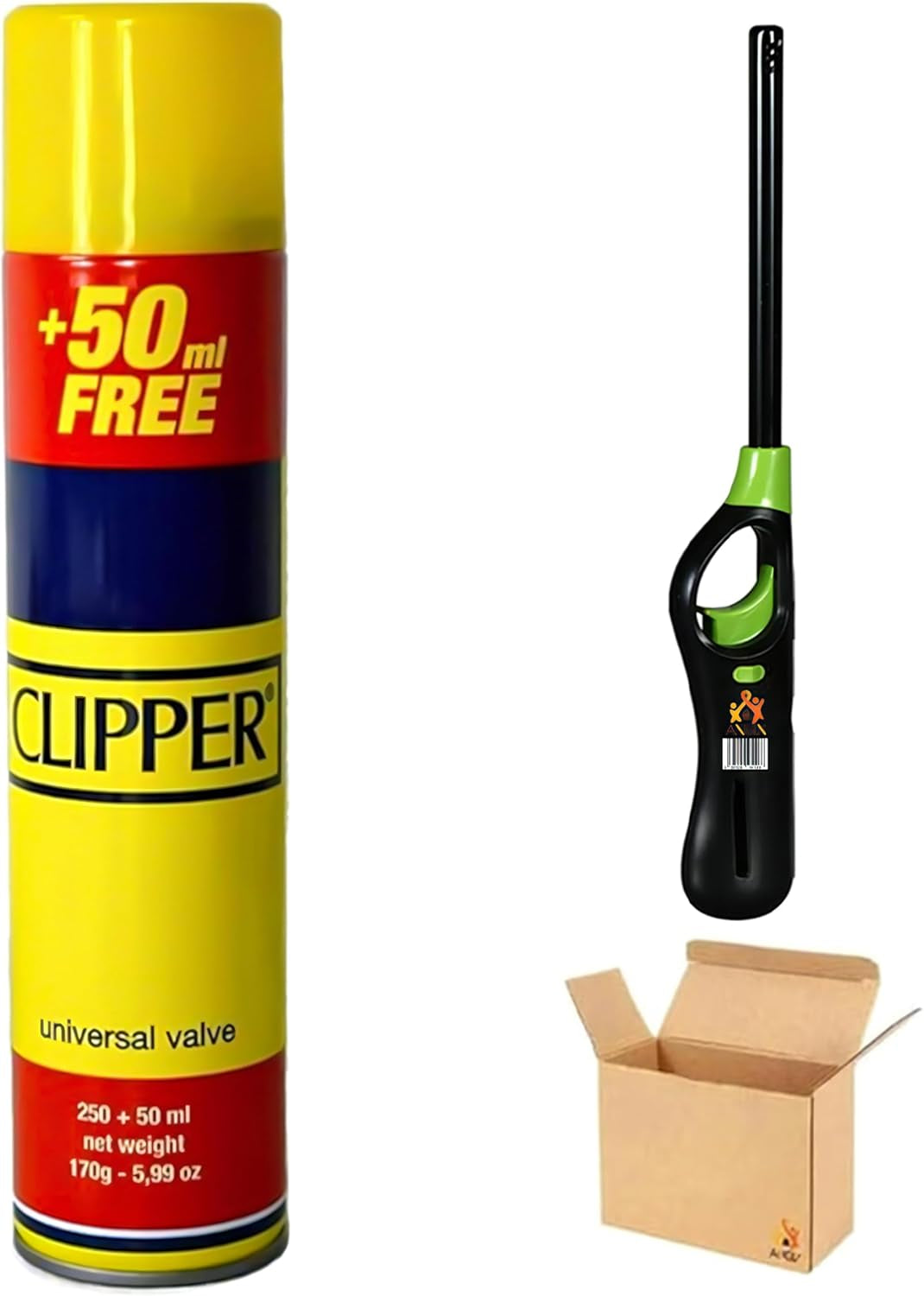 ANGIX 1 X Clipper Gas 300Ml + 1 Refillable BBQ Lighter, Universal Refill Fluid for Lighters, BBQ, Camping and Cooking - Reliable & Safe Fuel Solution (Complete Set Packed in Box)