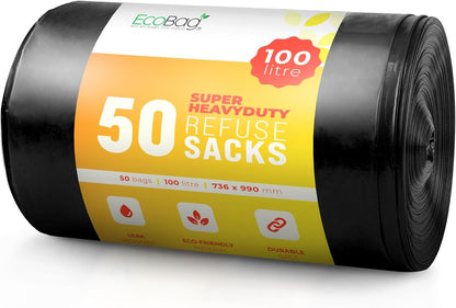 Ecobag - 50 Pack Extra Strong Heavy Duty Refuse Sacks - Recyclable Bin Bags, Leak Resistant, Eco-Friendly, Durable Waste Disposal Bags for Household & Commercial Use