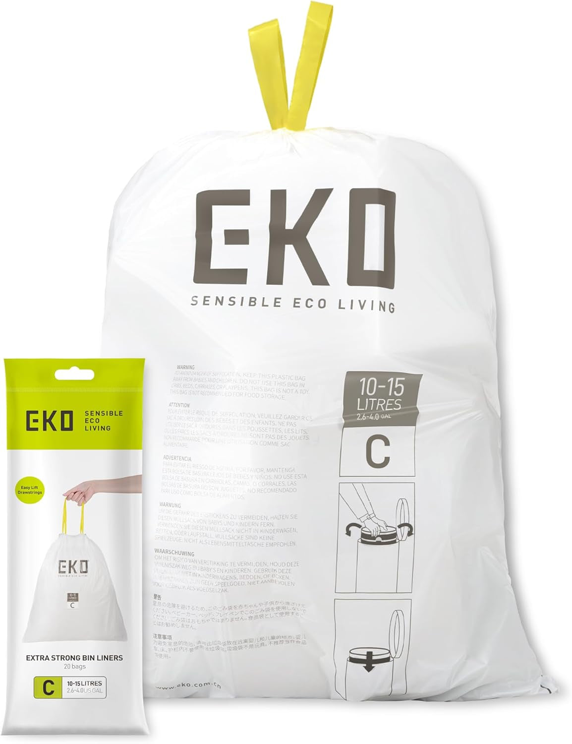 EKO Size E Bin Liners for Kitchen Bins - 25 - 35 Litre Capacity - Extra Strong Bags with Drawstring Tie Handles - 12 Bags, White