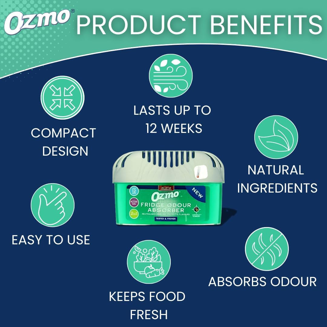 Ozmo 2 in Fridge Odour Absorber 200G | Lasts 12 Weeks | Neutralises Odours & Protects Flavours | Safe Temperature Indicator