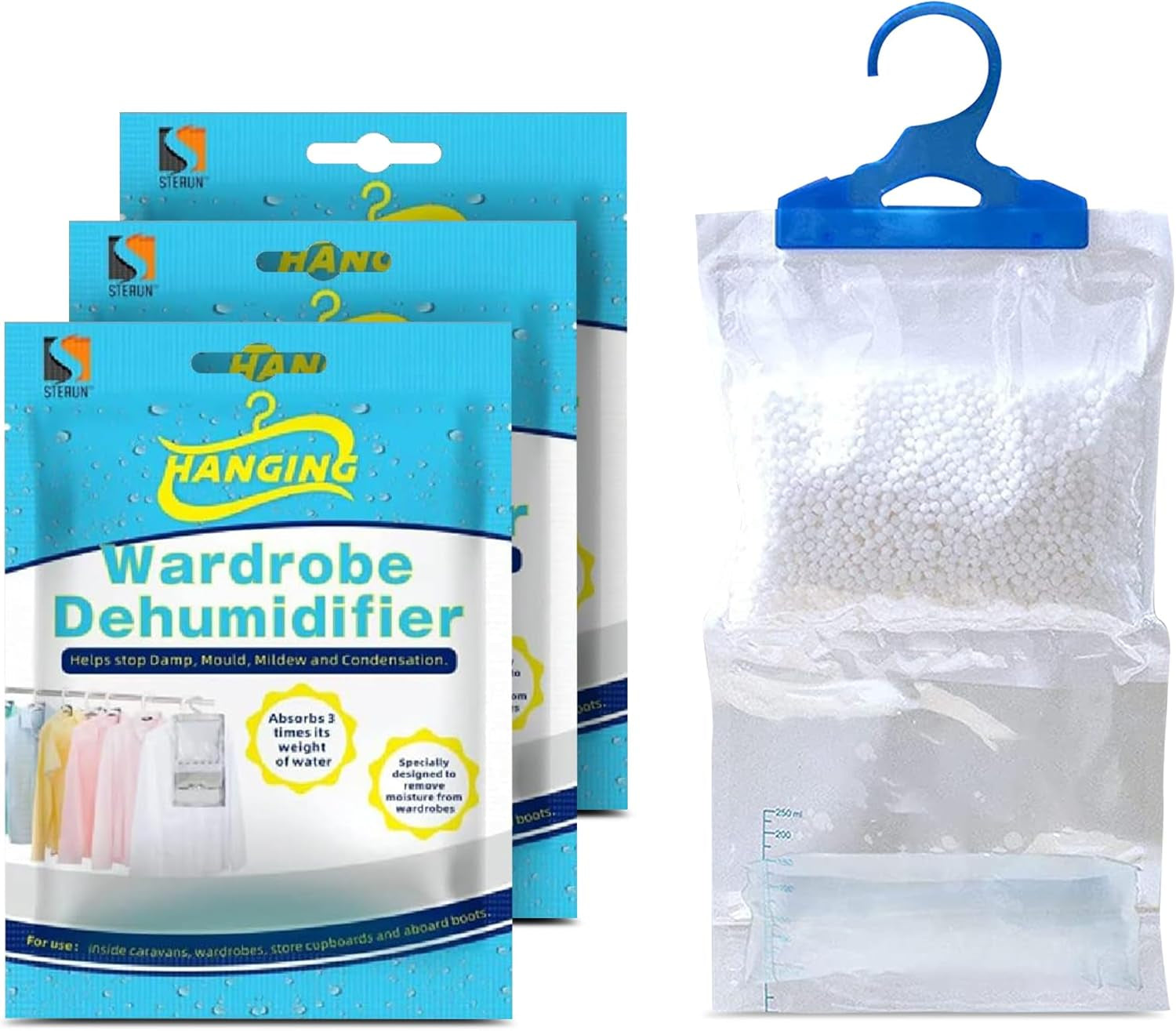 STERUN 12 Wardrobe Dehumidifier Hanging Bags with Leak Proof Storage Bag & Hanging Hook Ideal to Stop Mould, Mildew & Condensation for Wardrobe | Hanging Dehumidifier Bags | Damp Remover (Pack of 12)