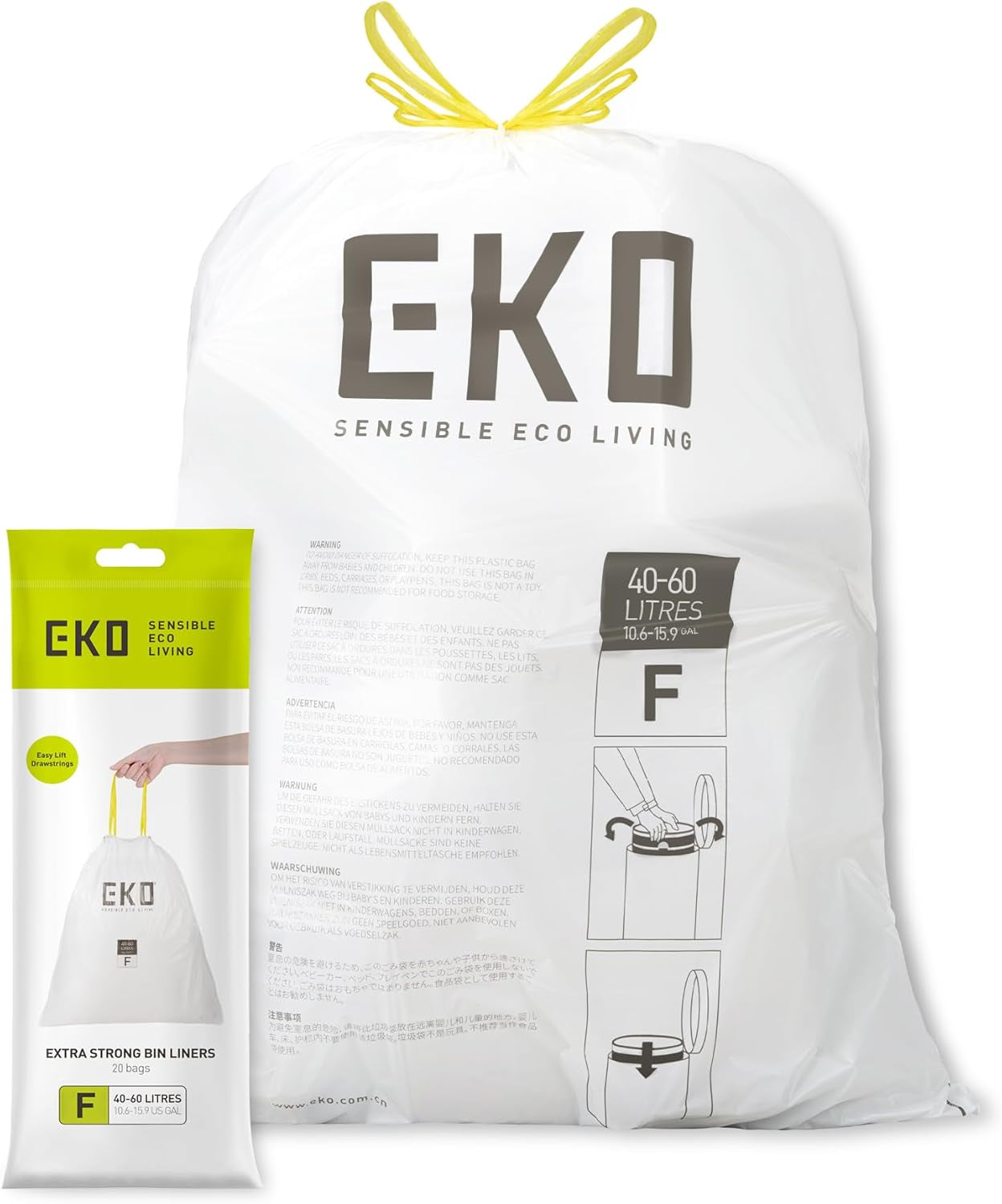 EKO Size E Bin Liners for Kitchen Bins - 25 - 35 Litre Capacity - Extra Strong Bags with Drawstring Tie Handles - 12 Bags, White