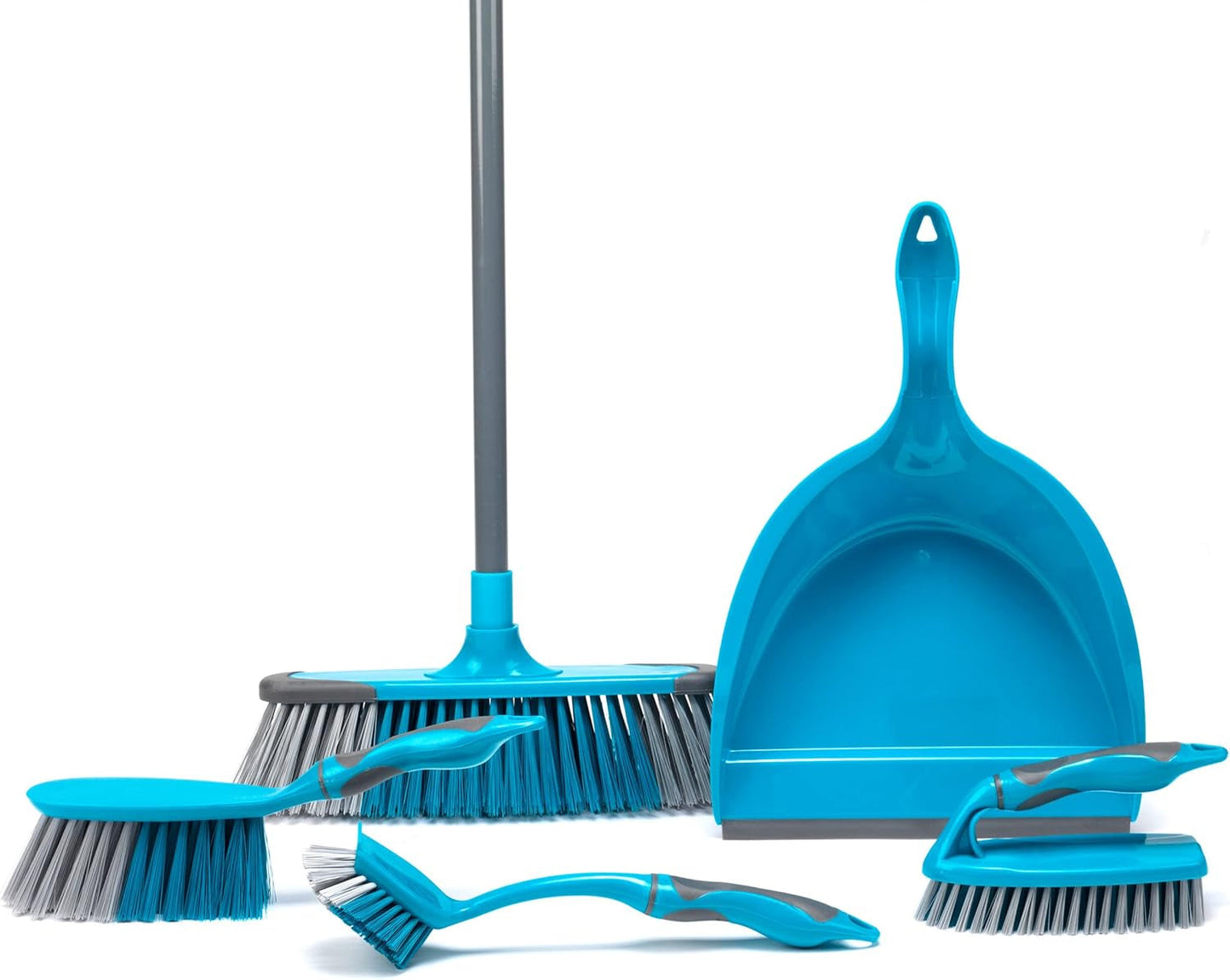 Beldray LA024152TQ Cleaning Bundle with Broom - Dustpan and Brush Set, Scrubbing & Dish Brushes, Long Handled Indoor Floor Sweeping, Washing up Brushes, Bathroom/Tile/Grout Cleaner, Soft Grip, Blue