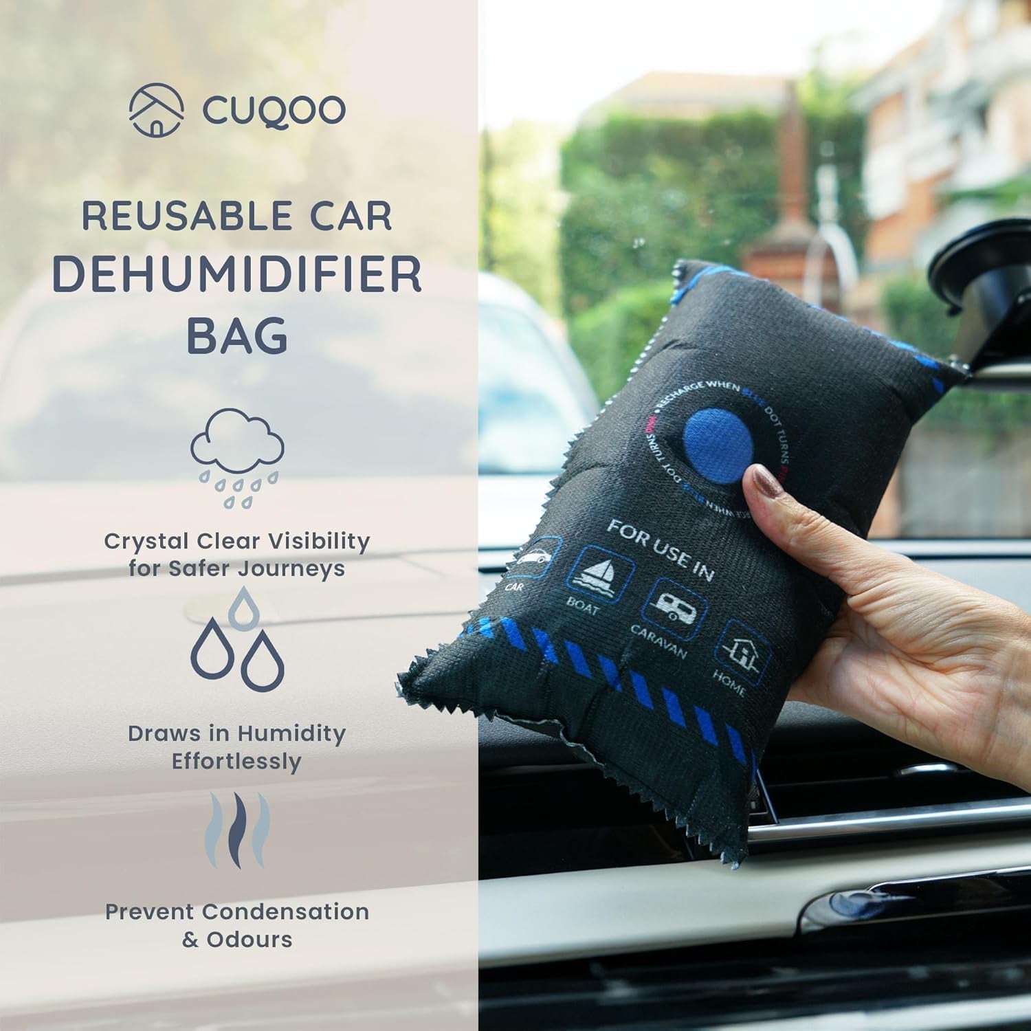 CUQOO Reusable Car Dehumidifier Bag for Car Interior - Moisture Absorber with Dashboard Mounting Anti-Slip Mat, Microwave Fast Reactivated Packets, Rechargeable Dehumidifier