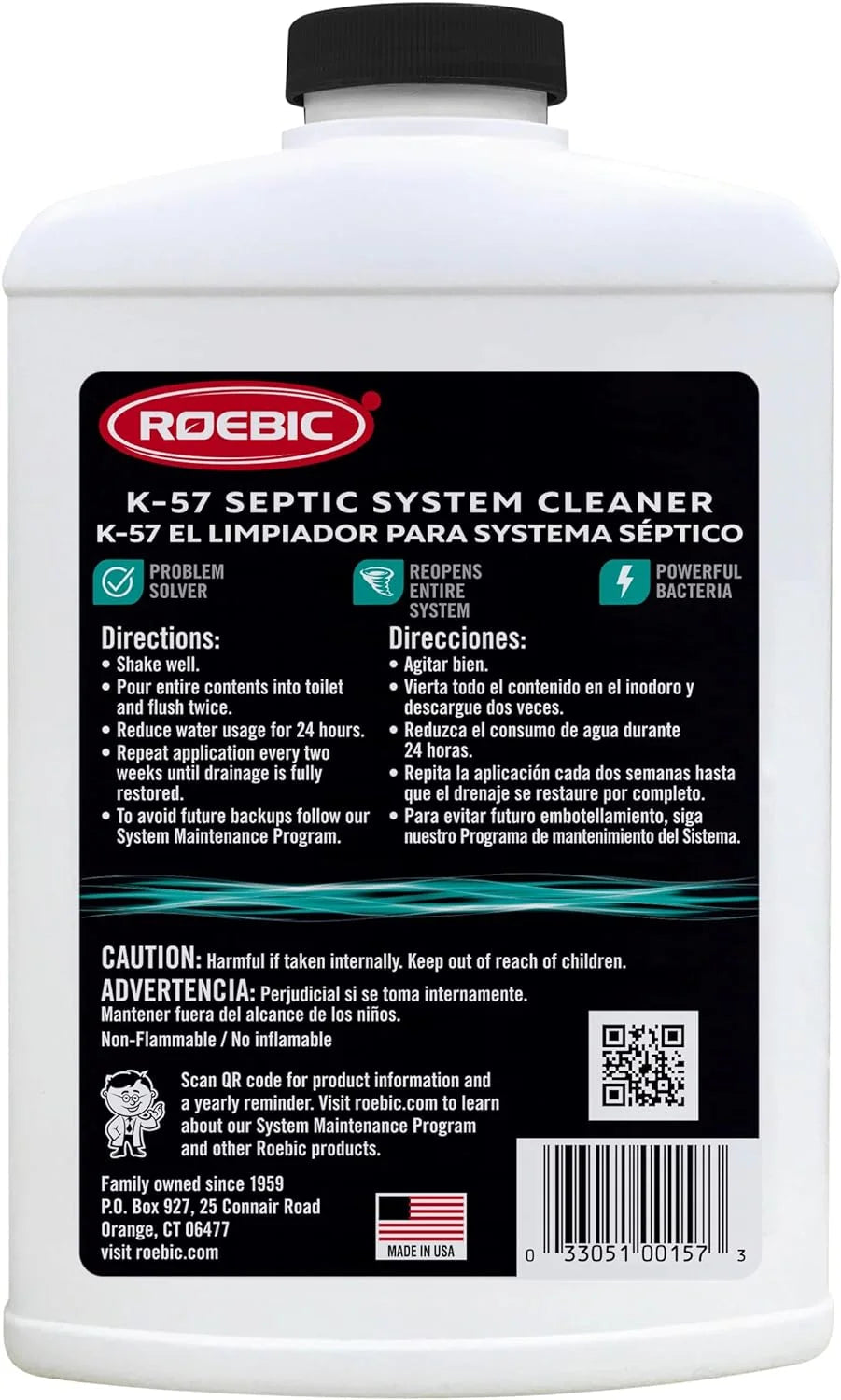 Roebic K-57-Q Septic System Cleaner, Removes Clogs, Environmentally Friendly Bacteria Enzymes Safe for Toilets, 32 Fl Oz