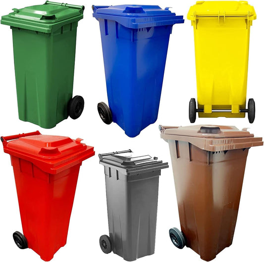 Wheelie Bins Compact 140L Red, Blue, Green, Brown, Grey & Yellow Home Workplace Waste Disposal Bins Ideal for Flats, Garages, Factories, Warehouses with Strong Rubber Wheels & Lids (Blue)