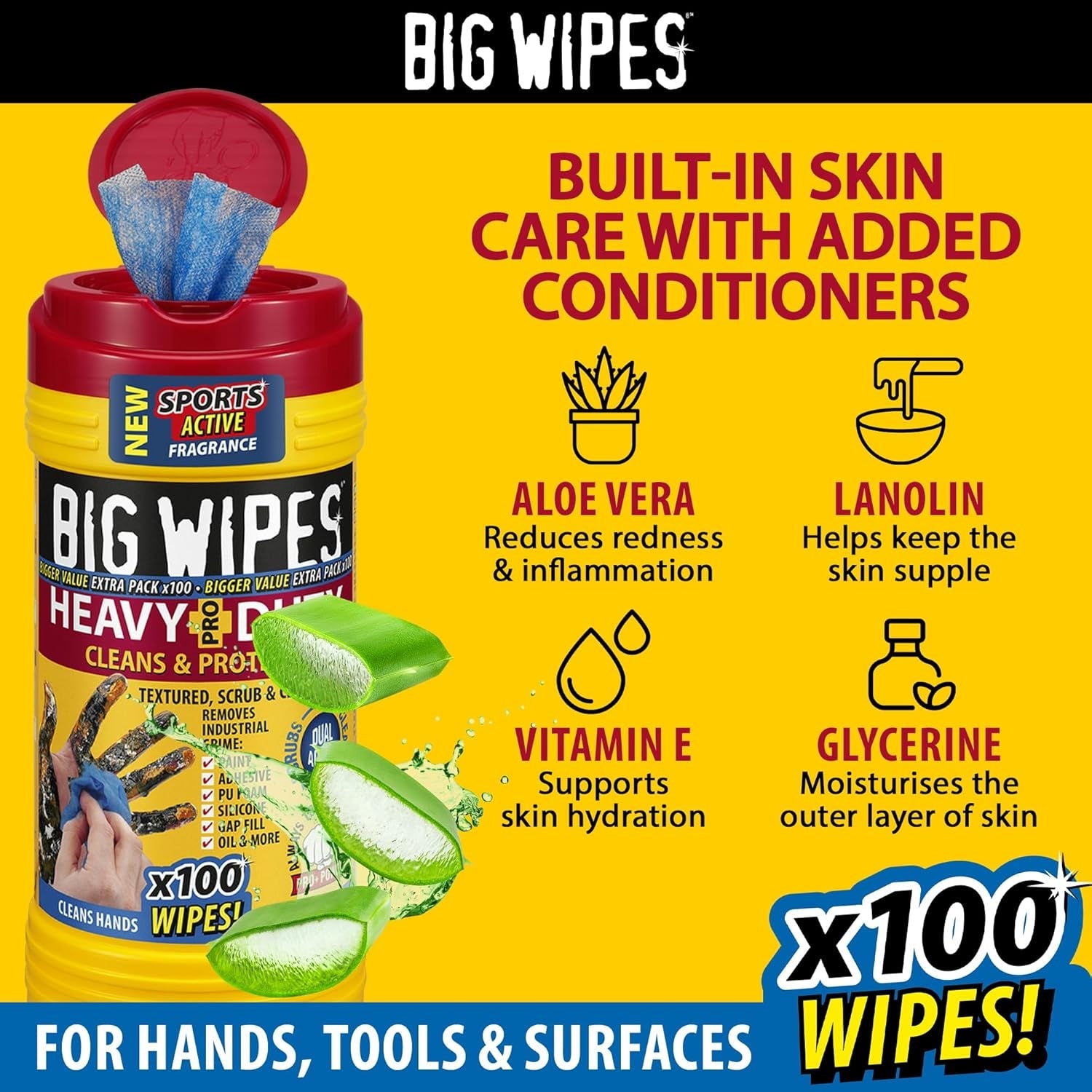 Big Wipes Heavy Duty Pro+ Wipes in Dispenser Tub (X100) Textured Dual-Sided Hand Wipes with Skincare Cleans Hands, Tools & Surfaces. Heavy Duty Wipes & Industrial Cleaning Products for Tradespeople