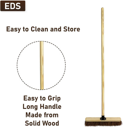 18” Stiff Broom Outdoor Heavy Duty with Wooden Handle Natural Bassine Hard Bristle Yard Brush Factory Warehouse Floors Commercial and Industrial Broom Strong Wooden Brush (Pack of 1)