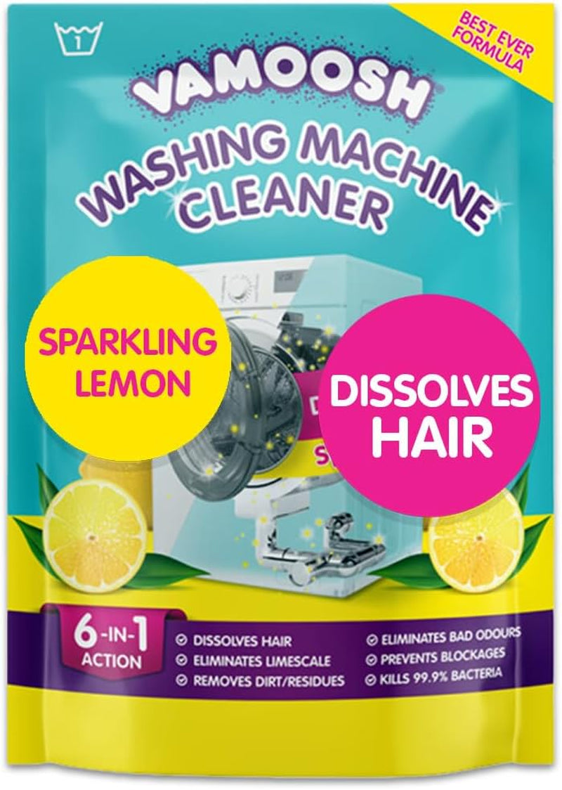 Vamoosh 6-In-1 Washing Machine Cleaner, Dissolves Hair, Eliminates Bad Odours, Removes Limescale, Deep Clean, Leaves Smelling Fresh, Antibacterial, Descales (Lemon, Single Pack)