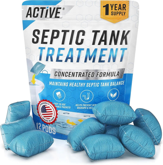 Septic Tank System Treatment Pods - 12 Dissolving Packets Enzyme-Producing Live Bacteria Solution, 1 Year Supply, Made in USA