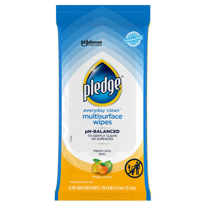 Pledge® Multisurface Wipes, Everyday Clean™ Household Cleaning Cloths, Fresh Citrus Scent, 25 PC