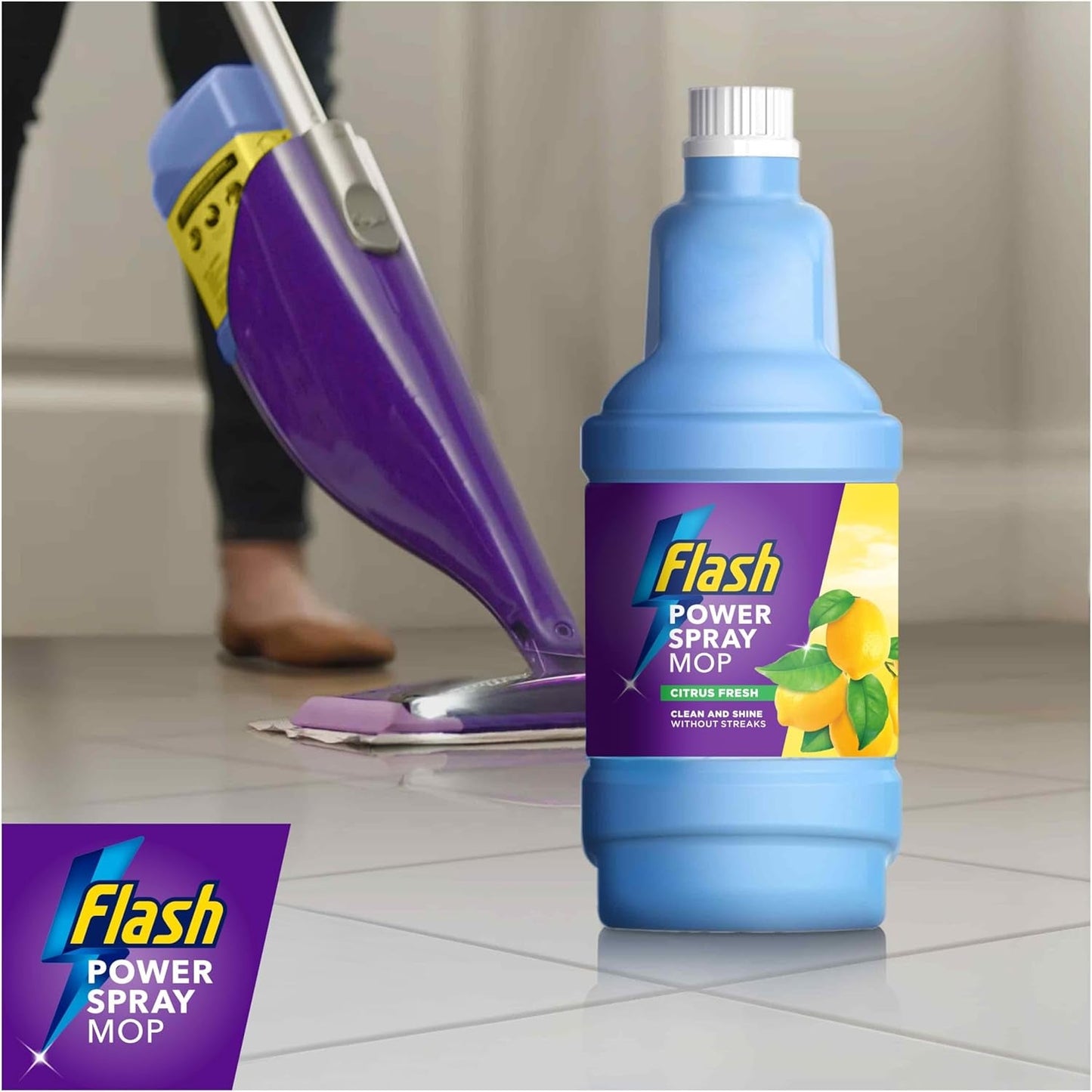 Flash Power Spray Mop Refill Liquid, Flash Power Mop Refill Liquid, Floor Cleaner, Citrus Fresh, 5 Litres (1.25 L X 4), Flash Floor Cleaner