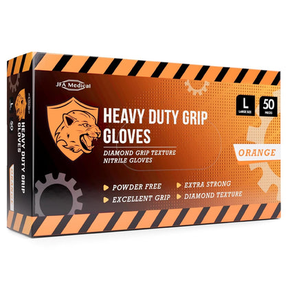 JFA Medical Disposable Heavy Duty Mechanic Powder Free Latex Free Orange Diamond Grip Nitrile Gloves - Box of 50 (Large)