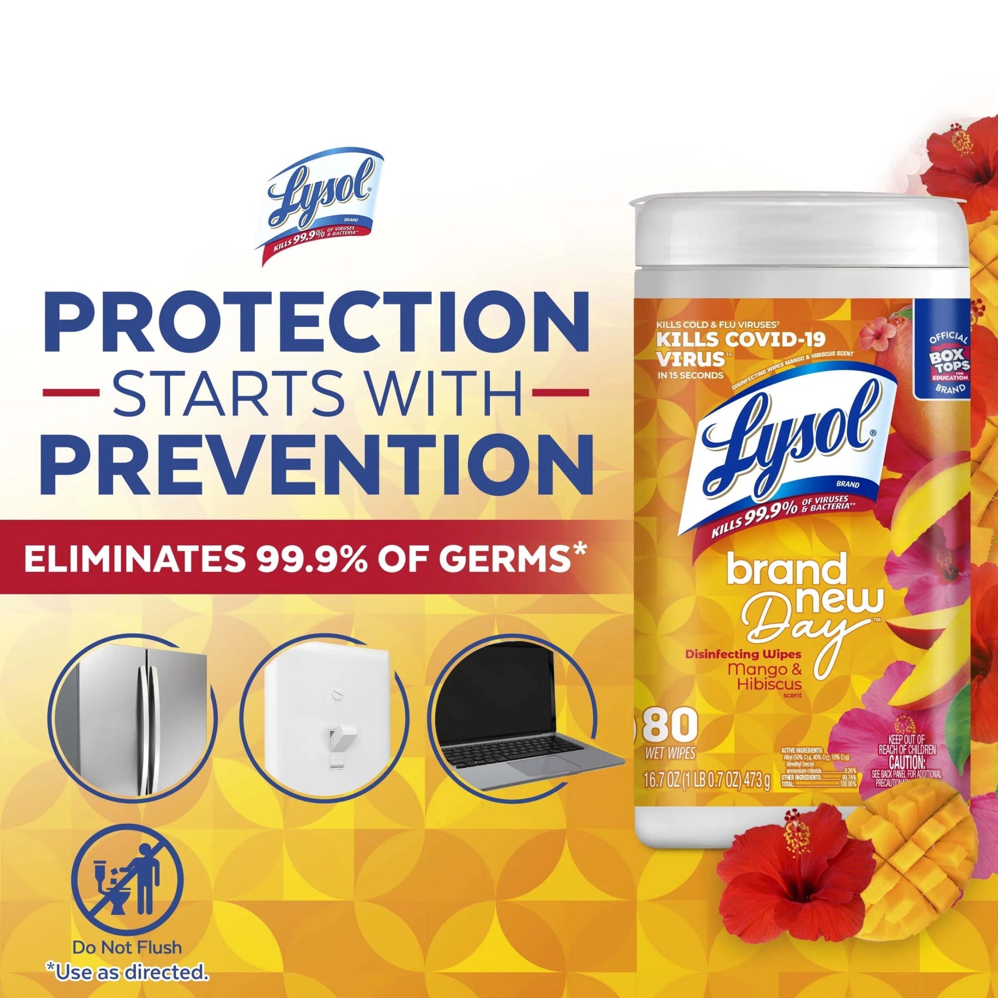 Lysol® Disinfectant Wipes, Multi-Surface Antibacterial Wipes, Mango & Hibiscus Scent, 80 Count